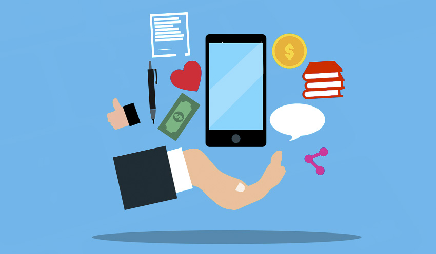 Image with blue background and with icons for phone, books, pen, currency, callout and share icon