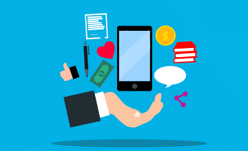 Image with blue background and with icons for phone, books, pen, currency, callout and share icon